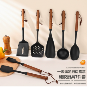黑色相思木柄硅胶厨具耐高温锅铲7件套装不粘锅煎铲家用汤勺刮刀